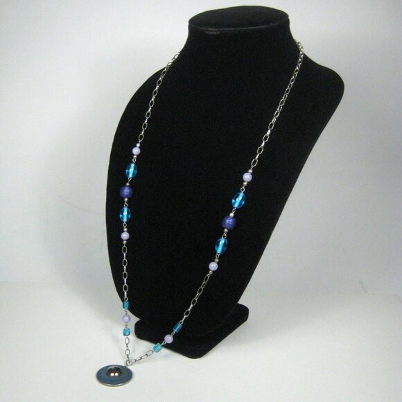 Necklace 32 In Silvetone Chain Pendant Strand Glass Beaded Blue Jewelry Women - Picture 8 of 10